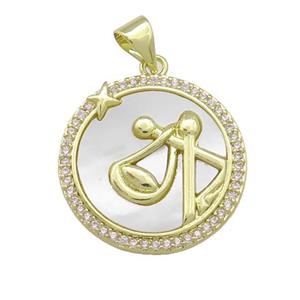 Zodiac Libra Charms Copper Circle Pendant Pave Shell Zircon 18K Gold Plated, approx 20mm