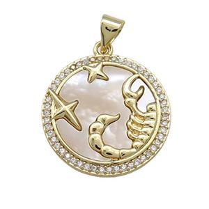 Zodiac Scorpio Charms Copper Circle Pendant Pave Shell Zircon 18K Gold Plated, approx 20mm