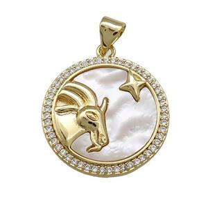 Zodiac Capricorn Charms Copper Circle Pendant Pave Shell Zircon 18K Gold Plated, approx 20mm