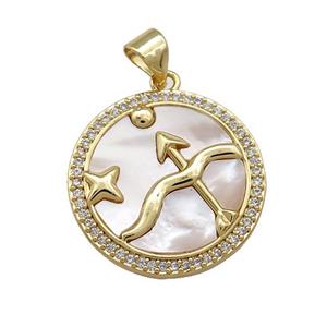 Zodiac Sagittarius Charms Copper Circle Pendant Pave Shell Zircon 18K Gold Plated, approx 20mm