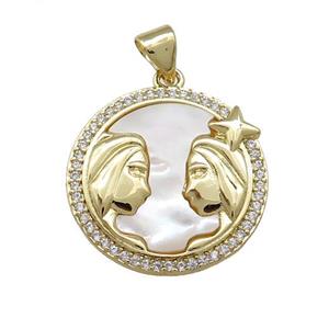 Zodiac Gemini Charms Copper Circle Pendant Pave Shell Zircon 18K Gold Plated, approx 20mm