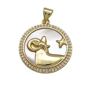 Zodiac Aries Charms Copper Circle Pendant Pave Shell Zircon 18K Gold Plated, approx 20mm