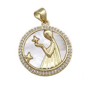 Zodiac Virgo Charms Copper Circle Pendant Pave Shell Zircon 18K Gold Plated, approx 20mm