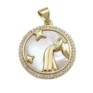 Zodiac Aquarius Charms Copper Circle Pendant Pave Shell Zircon 18K Gold Plated, approx 20mm