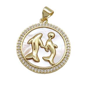 Zodiac Pisces Charms Copper Circle Pendant Pave Shell Zircon 18K Gold Plated, approx 20mm
