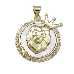 Zodiac Leo Charms Copper Circle Pendant Pave Shell Zircon 18K Gold Plated, approx 20mm