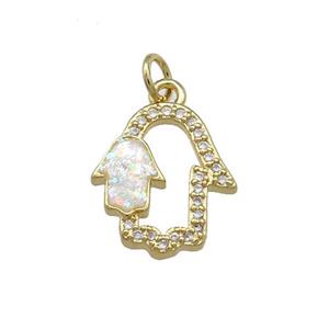 Copper Hamsahand Pendant Pave White Fire Opal Zircon 18K Gold Plated, approx 14-16mm