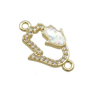 Copper Hamsahand Connector Pave White Fire Opal Zircon 18K Gold Plated, approx 14-16mm
