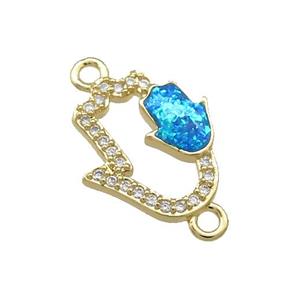 Copper Hamsahand Connector Pave Blue Fire Opal Zircon 18K Gold Plated, approx 14-16mm
