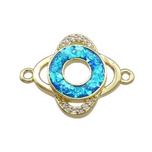 Copper Clover Connector Pave Blue Fire Opal Zircon Circle 18K Gold Plated, approx 17mm