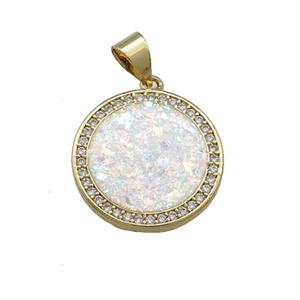 Copper Circle Pendant Pave White Fire Opal Zircon 18K Gold Plated, approx 17.5mm
