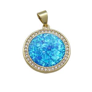 Copper Circle Pendant Pave Blue Fire Opal Zircon 18K Gold Plated, approx 17.5mm
