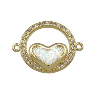 Copper Circle Connector Pave White Fire Opal Zircon Heart 18K Gold Plated, approx 19mm