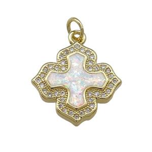 Copper Cross Pendant Pave White Fire Opal Zircon 18K Gold Plated, approx 18mm