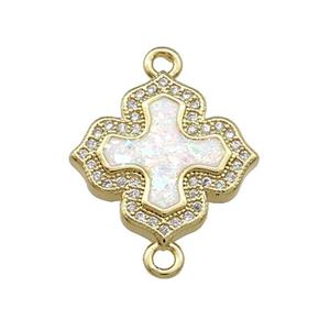 Copper Cross Connector Pave White Fire Opal Zircon 18K Gold Plated, approx 18mm