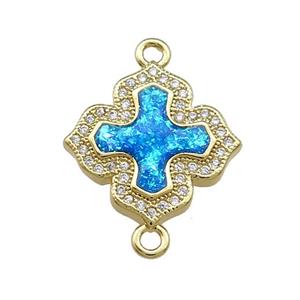 Copper Cross Connector Pave Blue Fire Opal Zircon 18K Gold Plated, approx 18mm