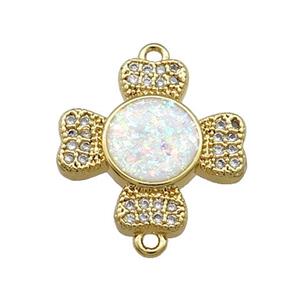 Copper Cross Connector Pave White Fire Opal Zircon Heart 18K Gold Plated, approx 17mm