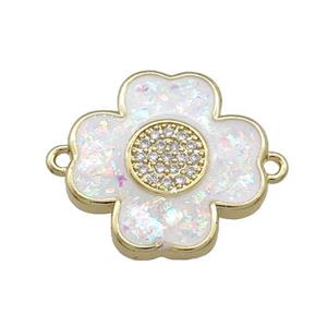 Copper Clover Connector Pave White Fire Opal Zircon 18K Gold Plated, approx 18mm