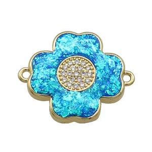 Copper Clover Connector Pave Blue Fire Opal Zircon 18K Gold Plated, approx 18mm