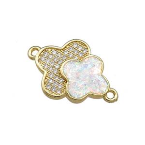 Copper Clover Connector Pave White Fire Opal Zircon Double 18K Gold Plated, approx 14-16mm