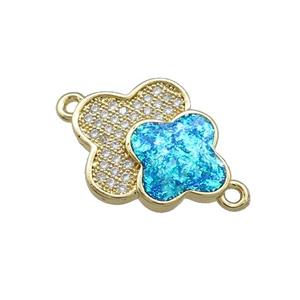 Copper Clover Connector Pave Blue Fire Opal Zircon Double 18K Gold Plated, approx 14-16mm