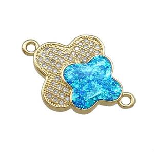 Copper Clover Connector Pave Blue Fire Opal Zircon Double 18K Gold Plated, approx 17-19mm