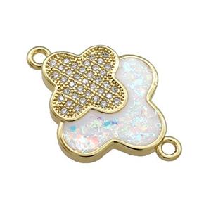 Copper Clover Connector Pave White Fire Opal Zircon Double 18K Gold Plated, approx 17-19mm