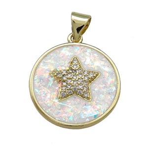 Copper Circle Pendant Pave White Fire Opal Zircon Star 18K Gold Plated, approx 18mm