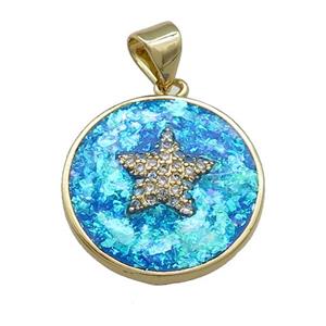 Copper Circle Pendant Pave Blue Fire Opal Zircon Star 18K Gold Plated, approx 18mm
