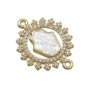 Copper Circle Connector Pave White Fire Opal Zircon Hamsahand 18K Gold Plated, approx 20mm