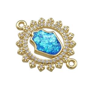 Copper Circle Connector Pave Blue Fire Opal Zircon Hamsahand 18K Gold Plated, approx 20mm