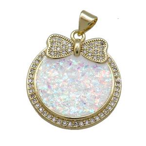 Copper Circle Pendant Pave White Fire Opal Zircon Bowknot 18K Gold Plated, approx 22mm