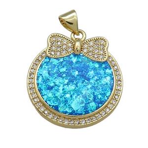 Copper Circle Pendant Pave Blue Fire Opal Zircon Bowknot 18K Gold Plated, approx 22mm