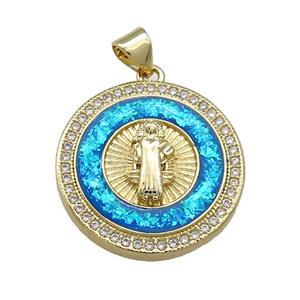 Copper Jesus Pendant Pave Blue Fire Opal Zircon Circle 18K Gold Plated, approx 22mm