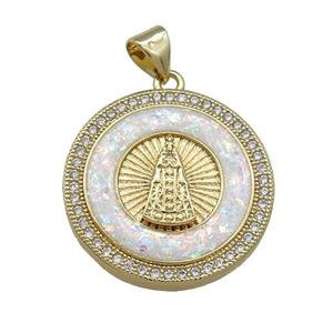 Copper Jesus Pendant Pave White Fire Opal Zircon Circle 18K Gold Plated, approx 22mm
