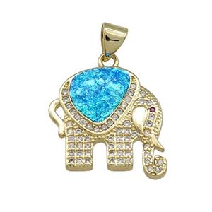 Elephant Charms Copper Pendant Pave Blue Fire Opal Zircon 18K Gold Plated, approx 18-19mm
