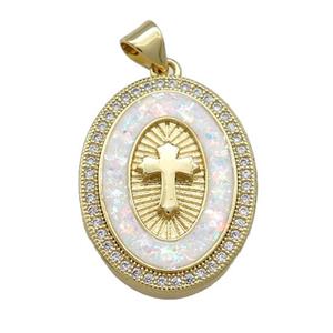 Copper Oval Pendant Pave White Fire Opal Zircon Cross 18K Gold Plated, approx 19-25mm