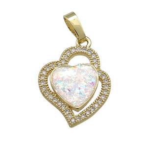 Copper Heart Pendant Pave White Fire Opal Zircon 18K Gold Plated, approx 15-17mm