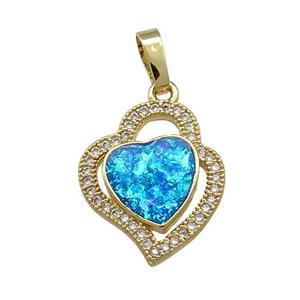 Copper Heart Pendant Pave Blue Fire Opal Zircon 18K Gold Plated, approx 15-17mm