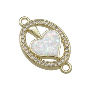 Copper Oval Connector Pave White Fire Opal Zircon Heart 18K Gold Plated, approx 14-18mm