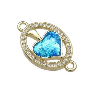 Copper Oval Connector Pave Blue Fire Opal Zircon Heart 18K Gold Plated, approx 14-18mm
