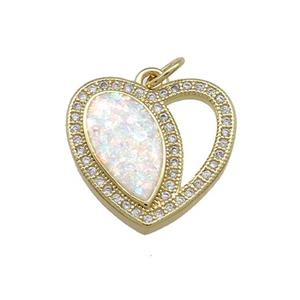 Copper Heart Pendant Pave White Fire Opal Zircon 18K Gold Plated, approx 18mm