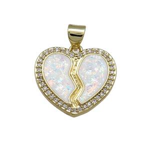 Copper Heart Pendant Pave White Fire Opal Zircon 18K Gold Plated, approx 19mm