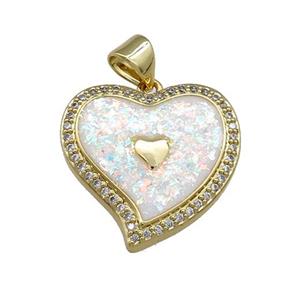 Copper Heart Pendant Pave White Fire Opal Zircon 18K Gold Plated, approx 19mm