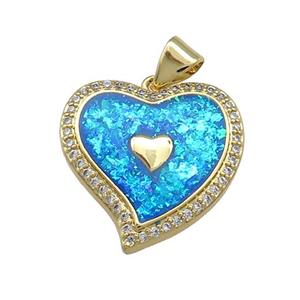 Copper Heart Pendant Pave Blue Fire Opal Zircon 18K Gold Plated, approx 19mm