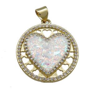 Copper Heart Pendant Pave White Fire Opal Zircon Circle 18K Gold Plated, approx 22mm