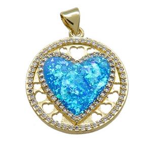 Copper Heart Pendant Pave Blue Fire Opal Zircon Circle 18K Gold Plated, approx 22mm