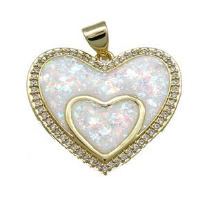 Copper Heart Pendant Pave White Fire Opal Zircon Double 18K Gold Plated, approx 25mm