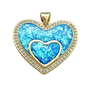 Copper Heart Pendant Pave Blue Fire Opal Zircon Double 18K Gold Plated, approx 25mm