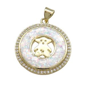Copper Circle Pendant Pave White Fire Opal Zircon Bear 18K Gold Plated, approx 22mm